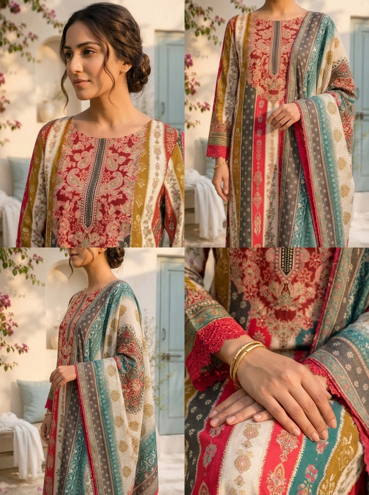 Multicolor Rayon Ethnic Motif Printed Three Piece Set