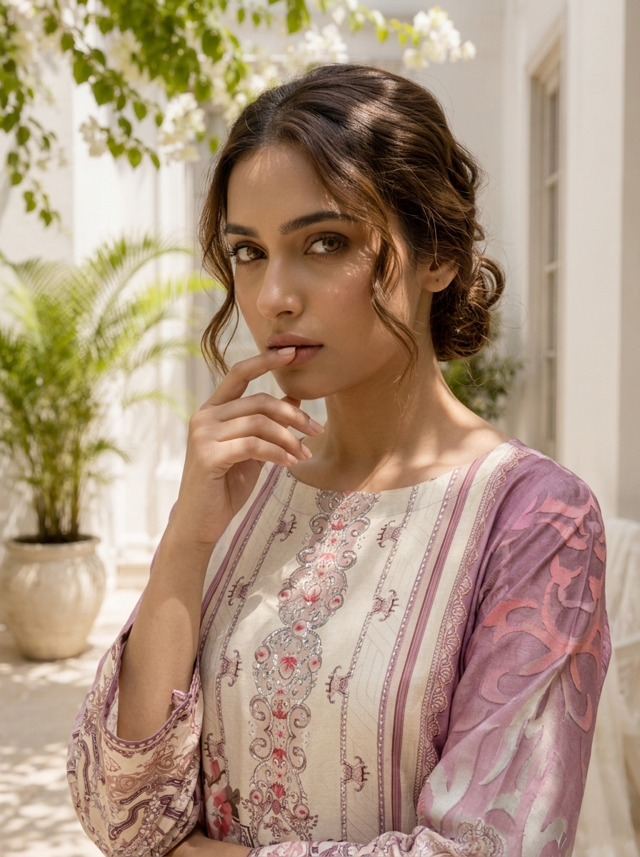 Lilac Silk Ethnic Motif Printed Three Piece Set