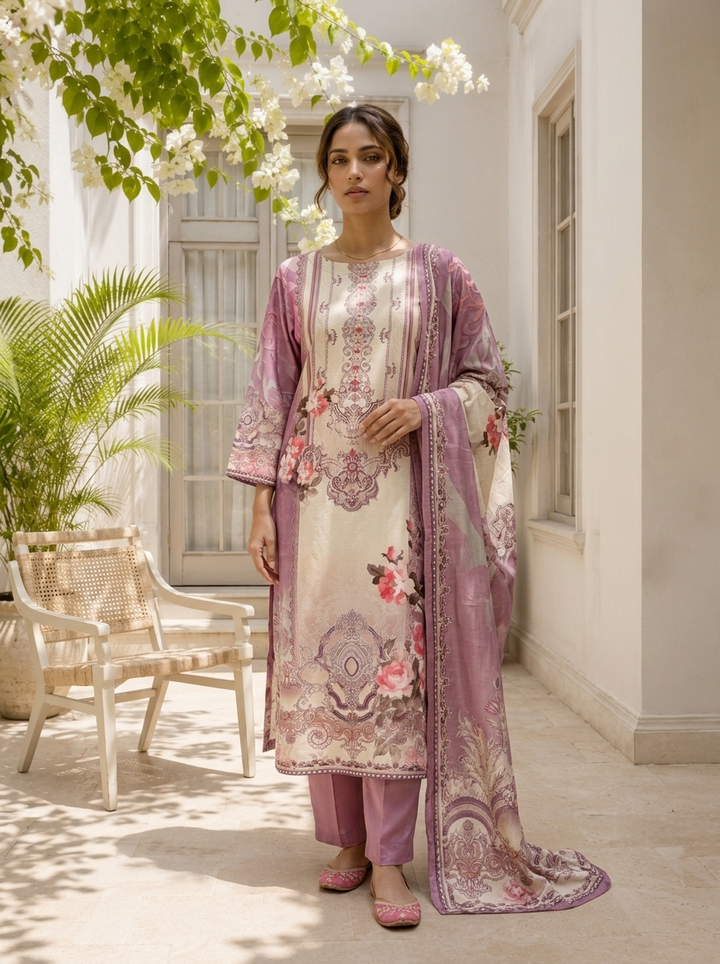 Lilac Silk Ethnic Motif Printed Three Piece Set