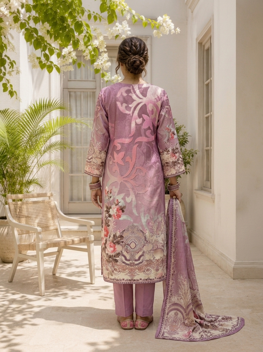 Lilac Silk Ethnic Motif Printed Three Piece Set