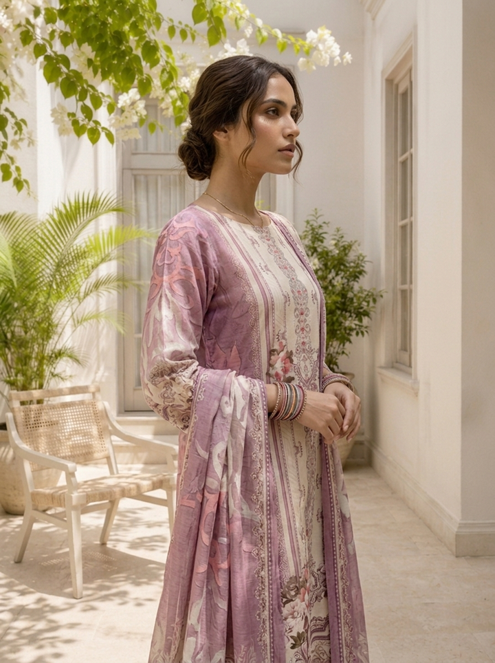 Lilac Silk Ethnic Motif Printed Three Piece Set