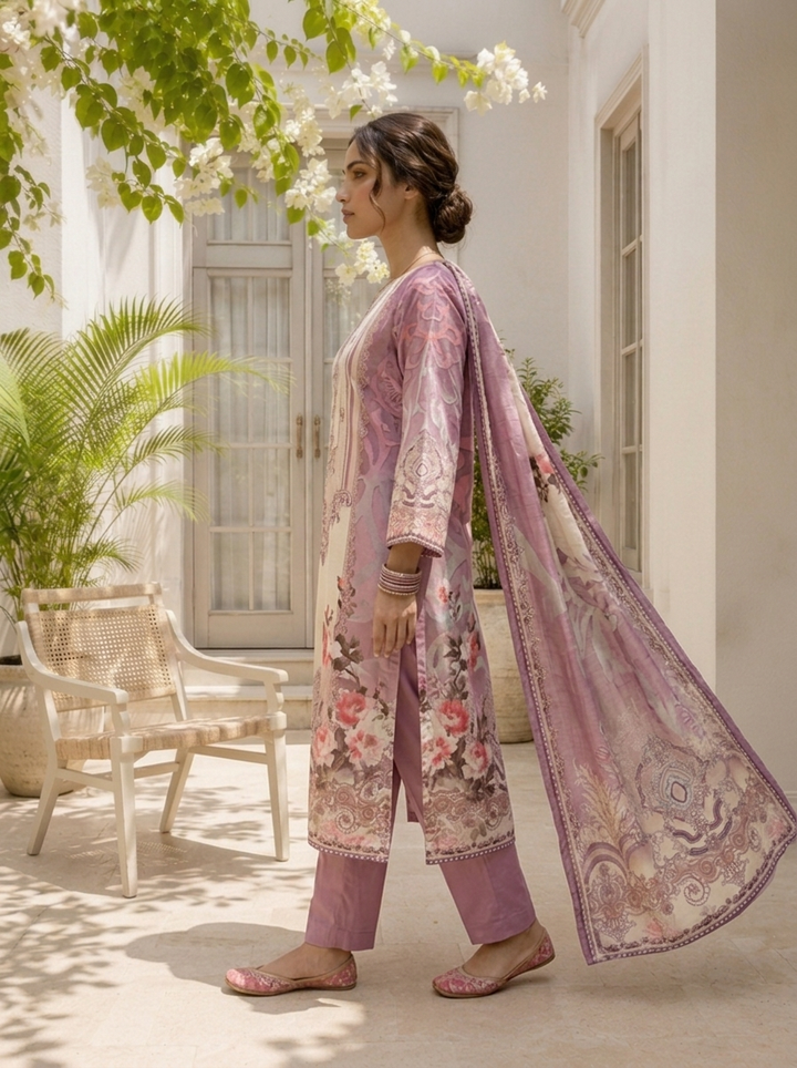 Lilac Silk Ethnic Motif Printed Three Piece Set