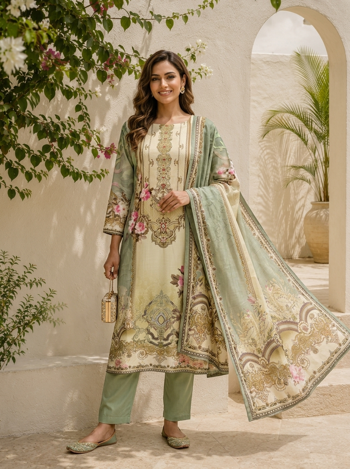 Pista Silk Ethnic Motif Printed Three Piece Set