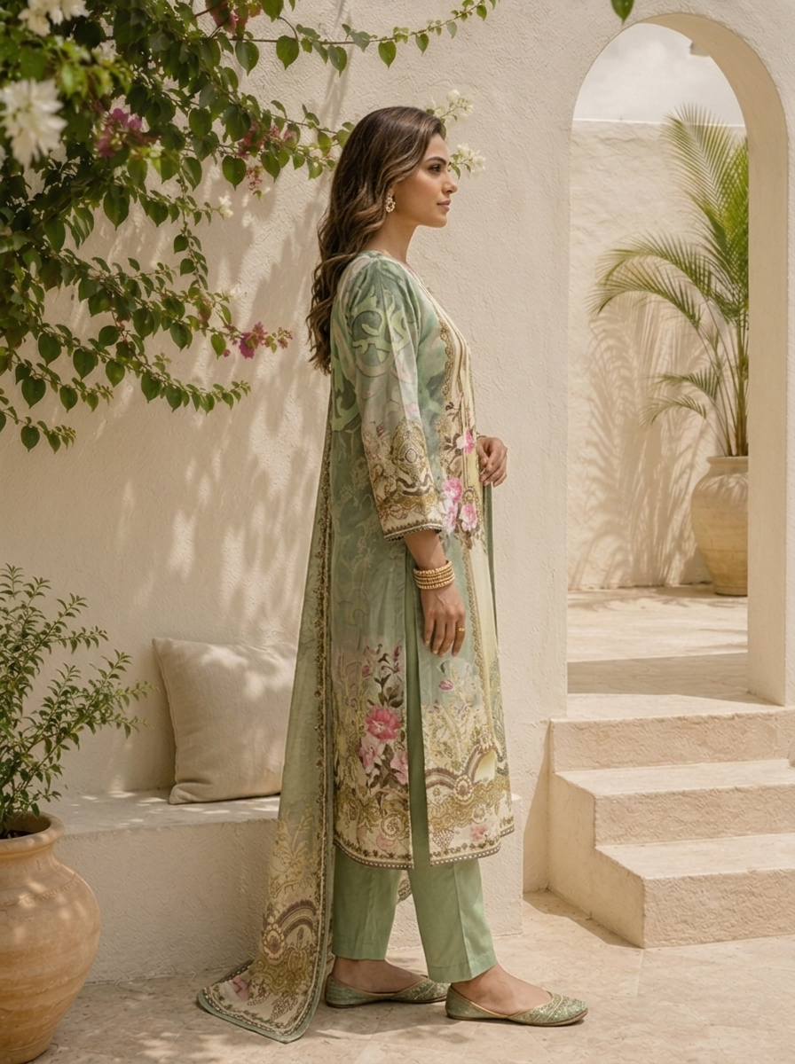Pista Silk Ethnic Motif Printed Three Piece Set