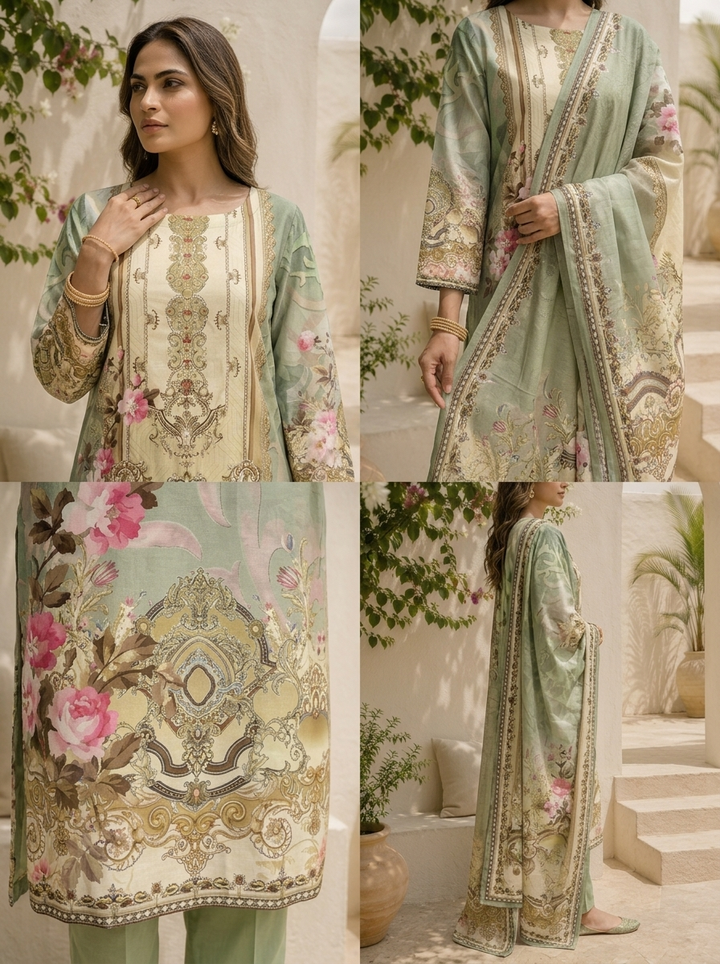 Pista Silk Ethnic Motif Printed Three Piece Set