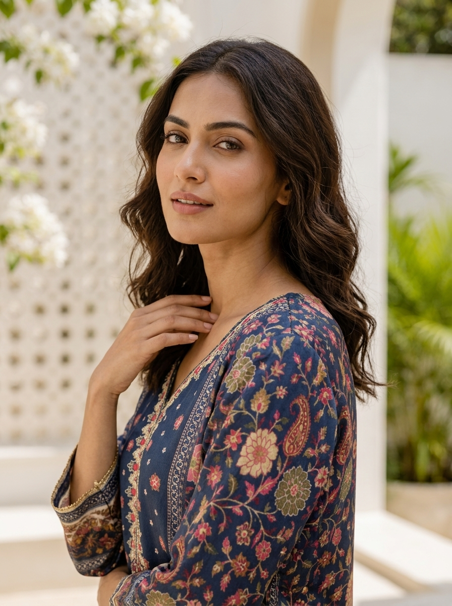 Navy Blue Chinon Mughal Printed Three Piece Set