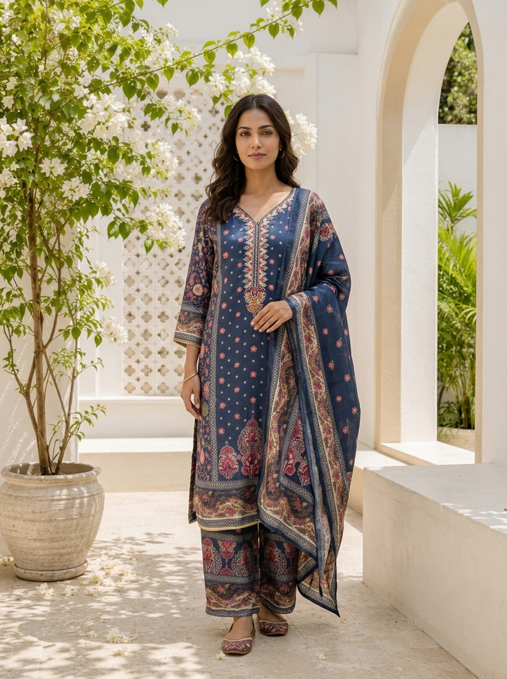 Navy Blue Chinon Mughal Printed Three Piece Set
