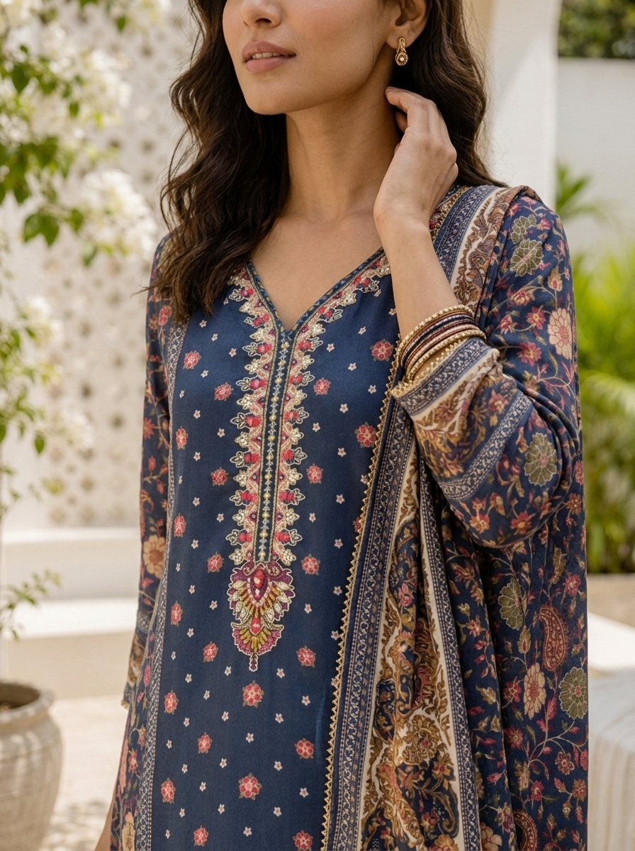 Navy Blue Chinon Mughal Printed Three Piece Set