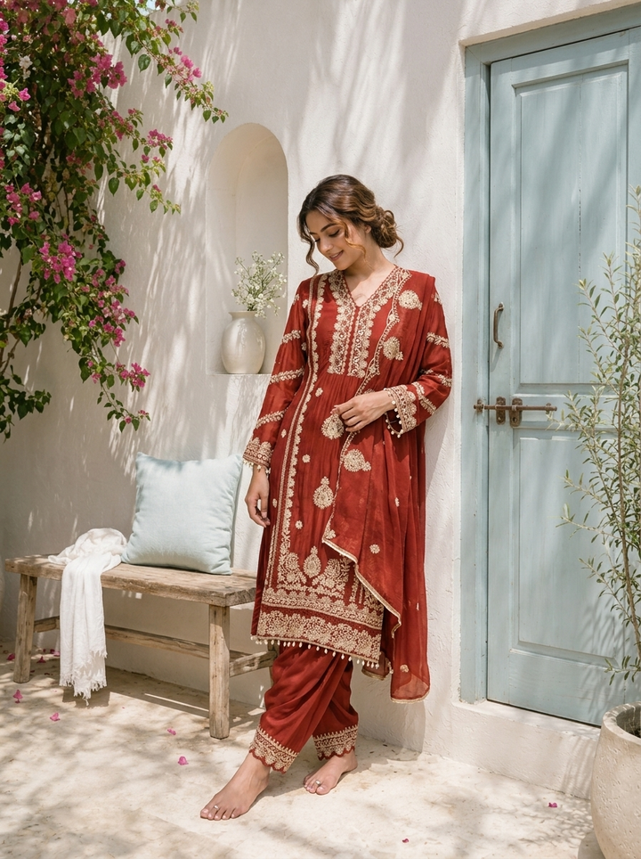 Rust Chinon Ethnic Zari Embroidered Three Piece Set