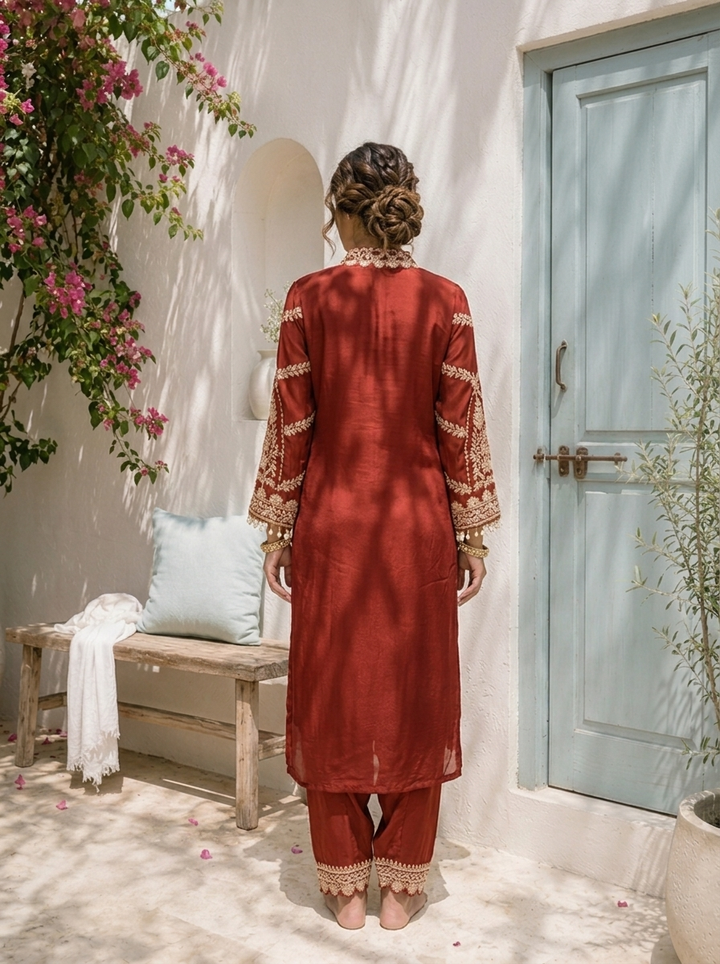 Rust Chinon Ethnic Zari Embroidered Three Piece Set