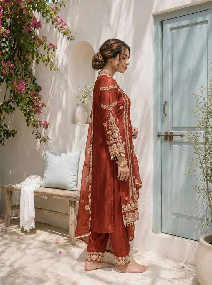 Rust Chinon Ethnic Zari Embroidered Three Piece Set