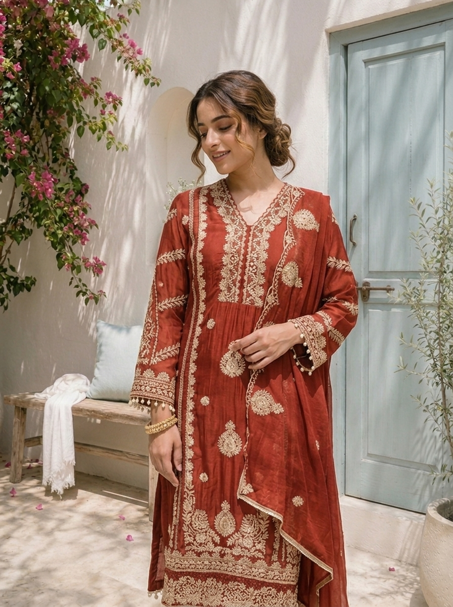 Rust Chinon Ethnic Zari Embroidered Three Piece Set