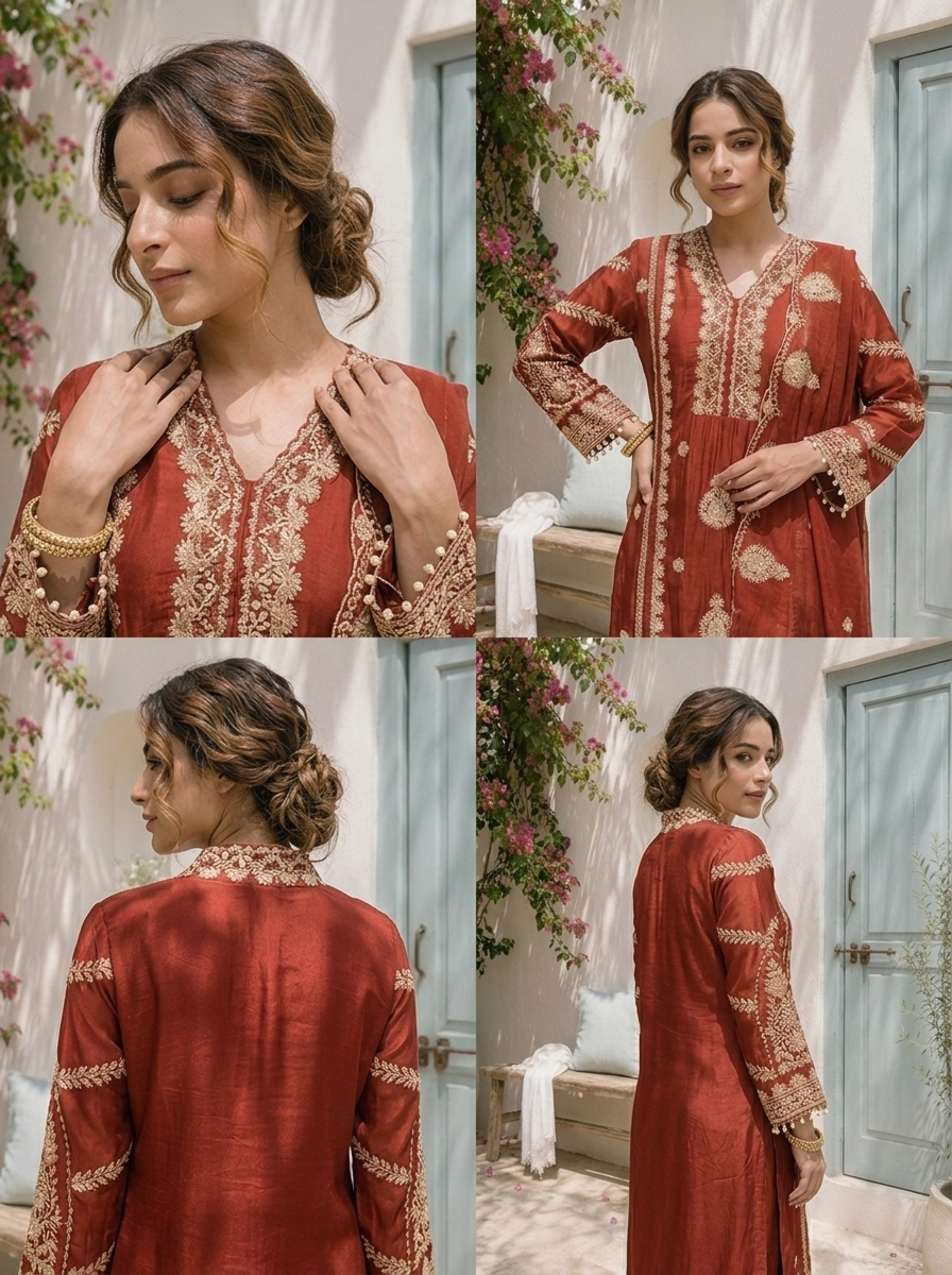 Rust Chinon Ethnic Zari Embroidered Three Piece Set
