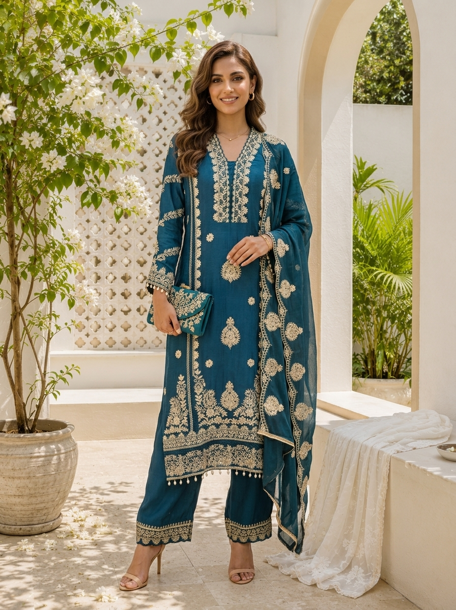 Rama Chinon Ethnic Zari Embroidered Three Piece Set