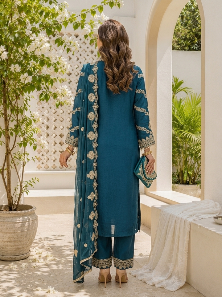 Rama Chinon Ethnic Zari Embroidered Three Piece Set