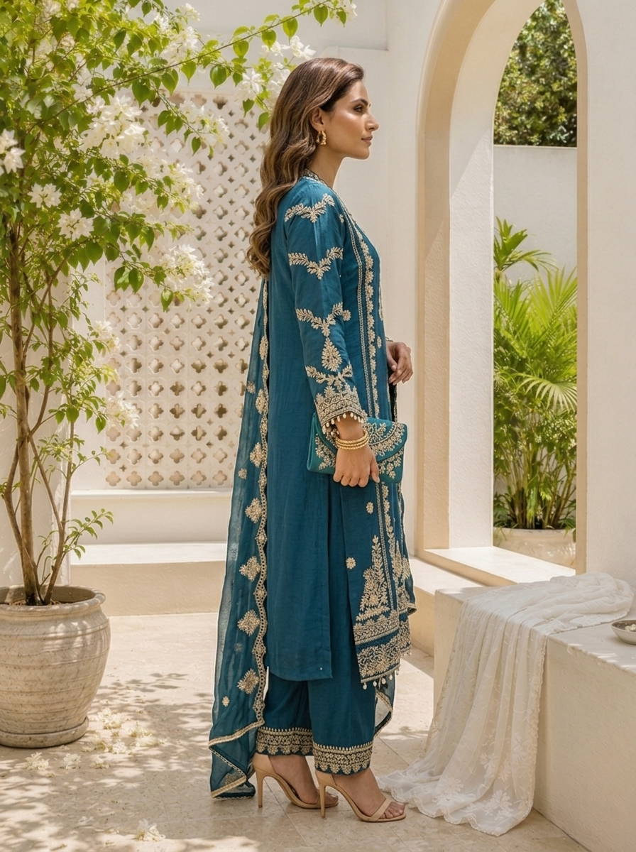 Rama Chinon Ethnic Zari Embroidered Three Piece Set