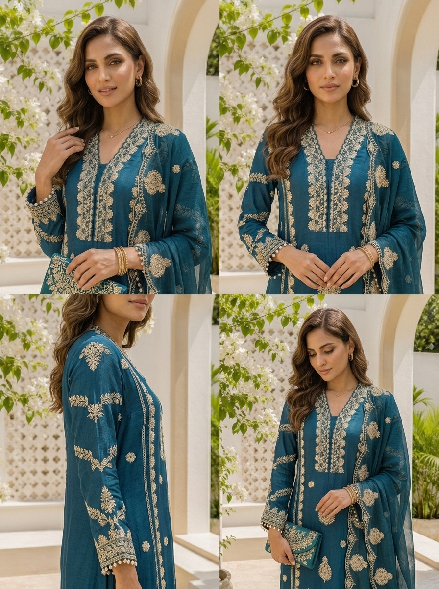Rama Chinon Ethnic Zari Embroidered Three Piece Set