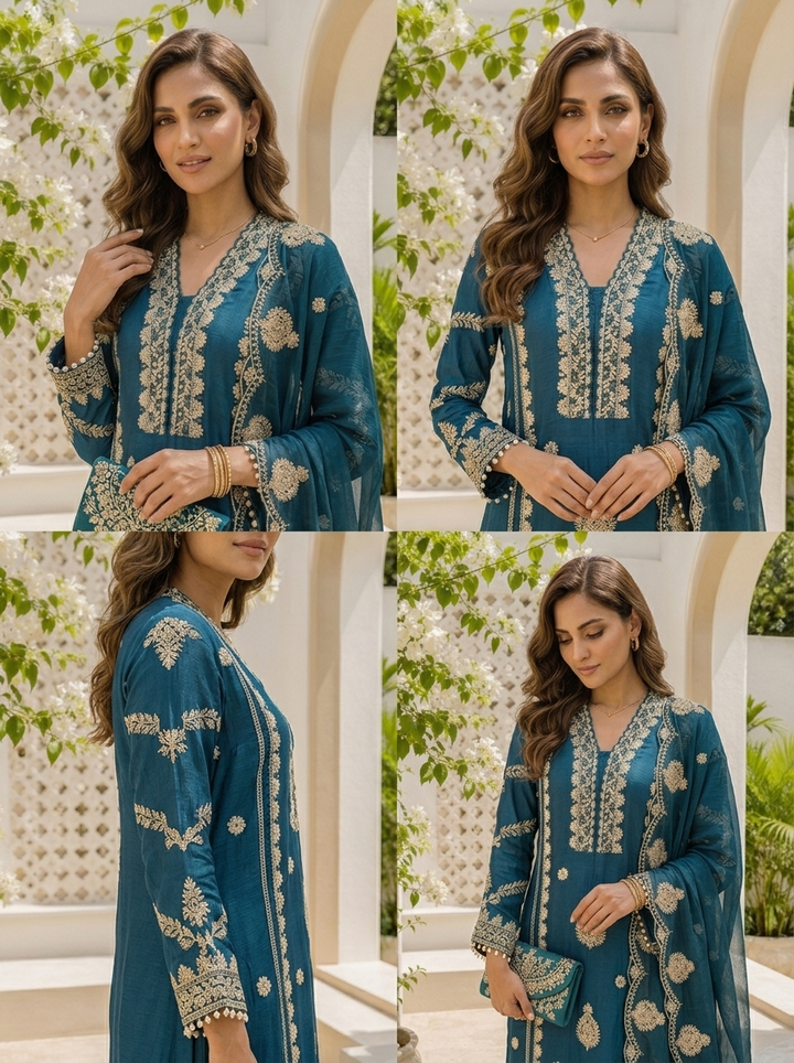 Rama Chinon Ethnic Zari Embroidered Three Piece Set