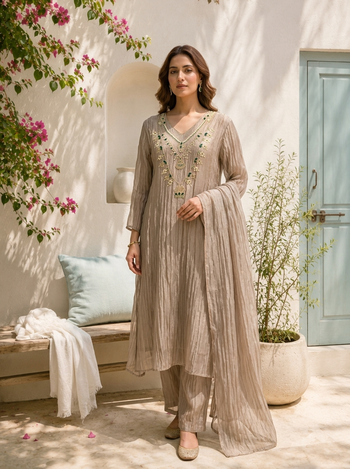 Grey Tissue Stone Embroidered Three Piece Set