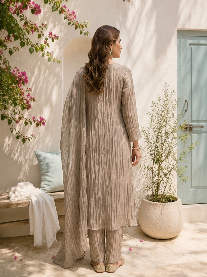 Grey Tissue Stone Embroidered Three Piece Set