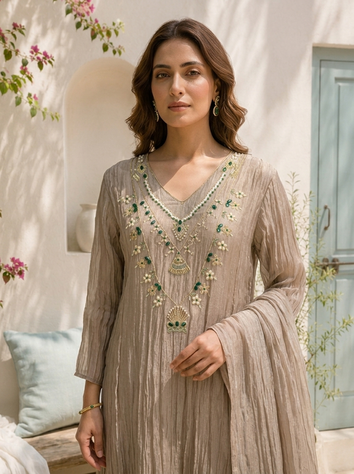 Grey Tissue Stone Embroidered Three Piece Set