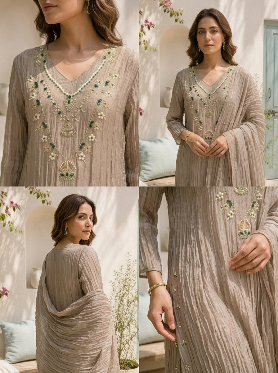 Grey Tissue Stone Embroidered Three Piece Set