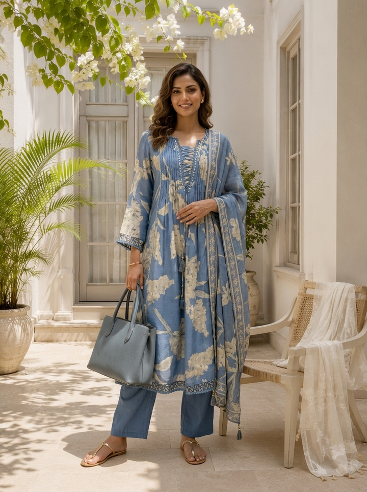 Sky Blue Muslin Leaf Printed Three Piece Set