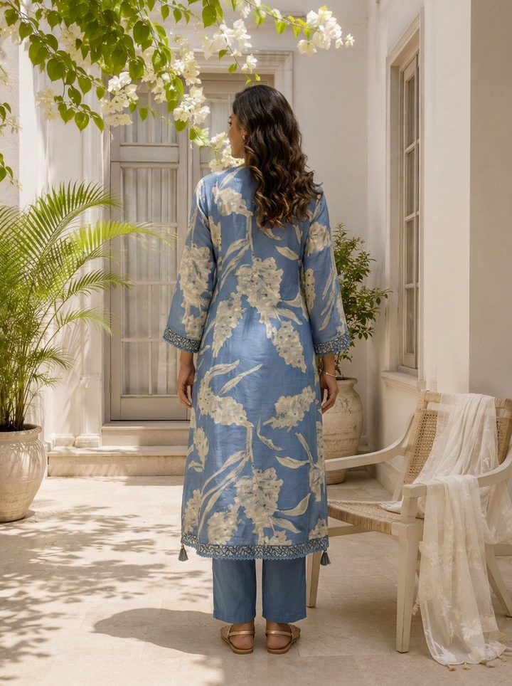 Sky Blue Muslin Leaf Printed Three Piece Set