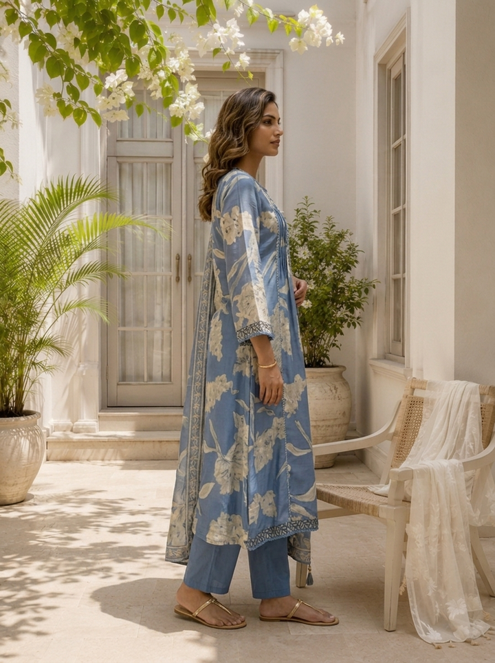 Sky Blue Muslin Leaf Printed Three Piece Set