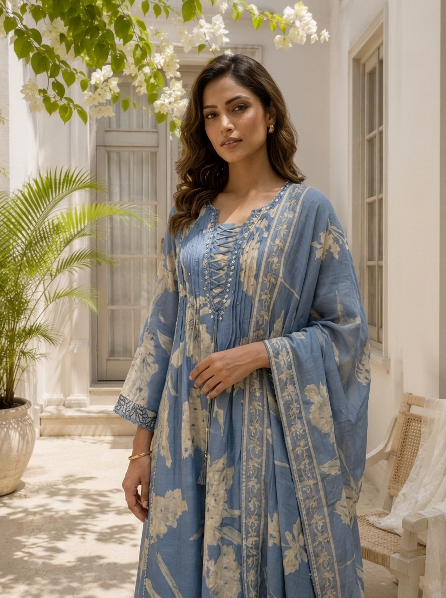 Sky Blue Muslin Leaf Printed Three Piece Set