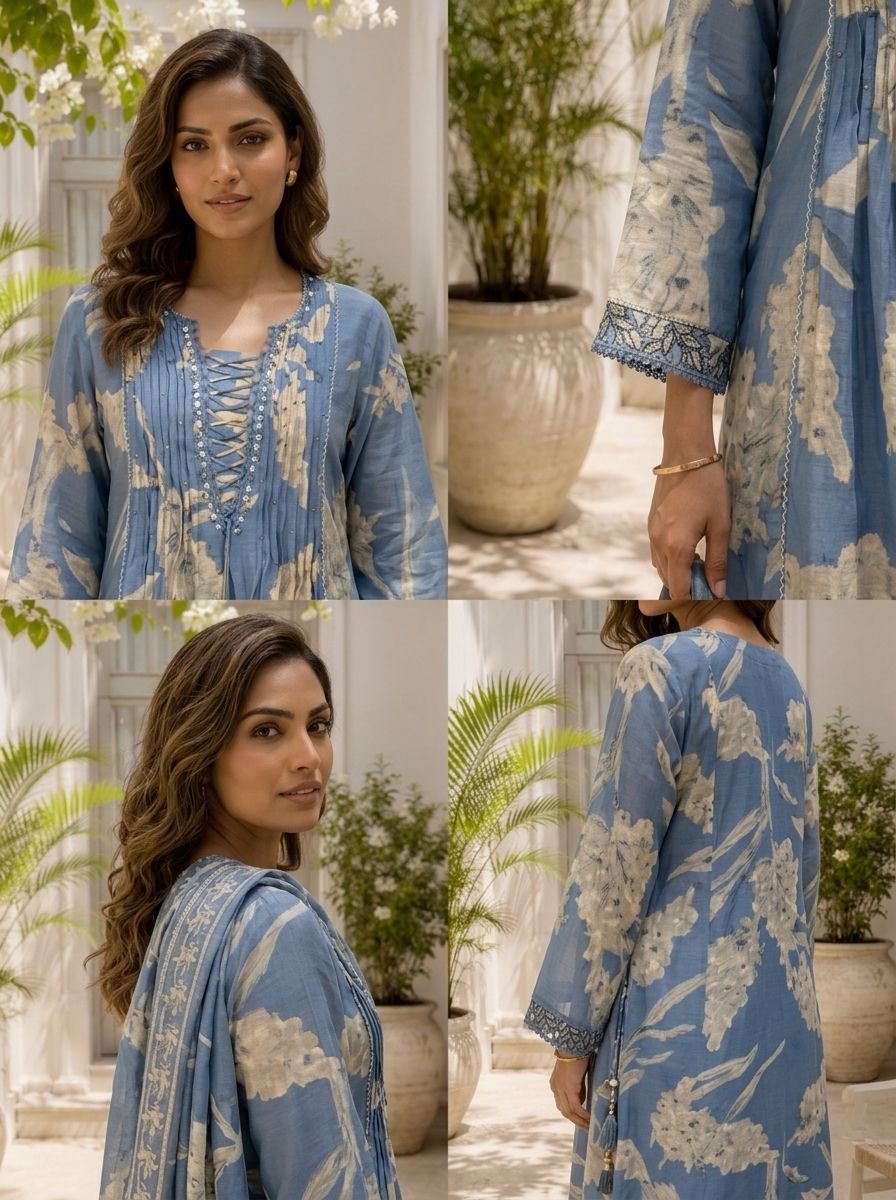 Sky Blue Muslin Leaf Printed Three Piece Set