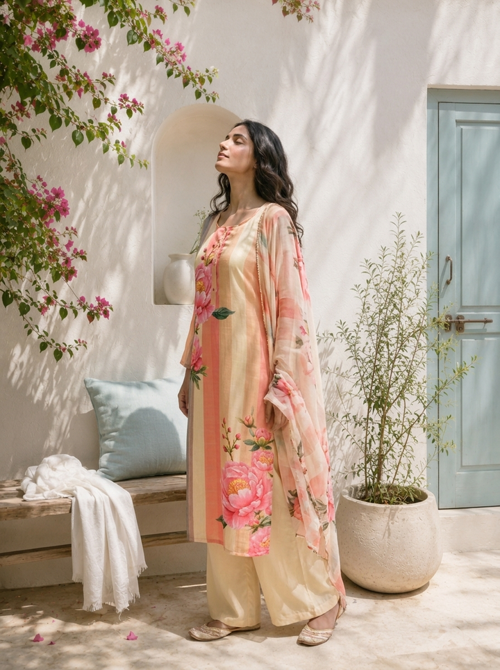 Peach Linen Rose Floral Printed Three Piece Set
