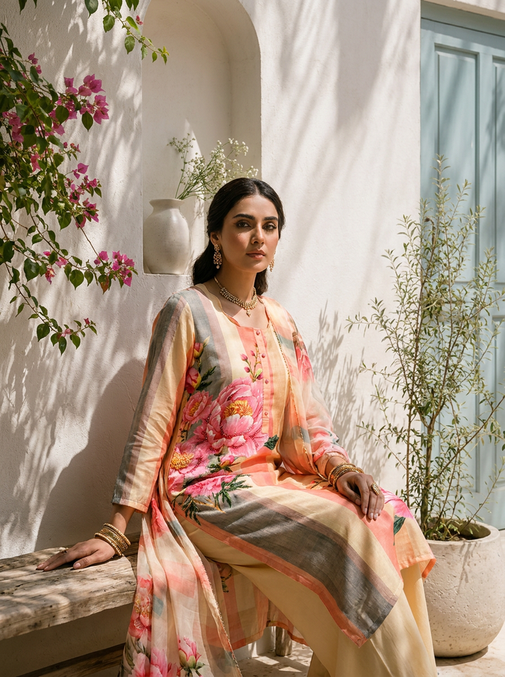 Peach Linen Rose Floral Printed Three Piece Set