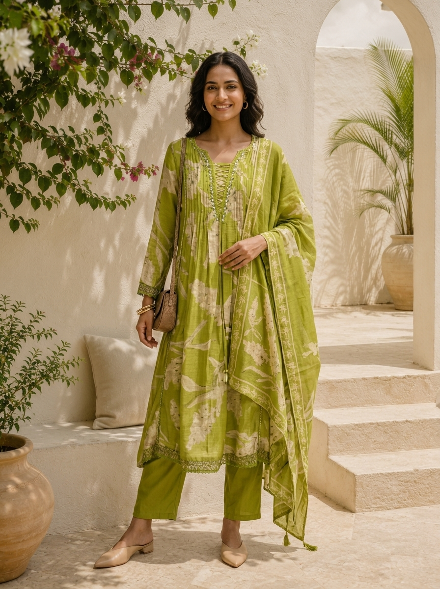 Green Muslin Leaf Printed Three Piece Set