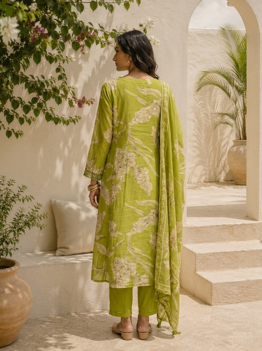 Green Muslin Leaf Printed Three Piece Set