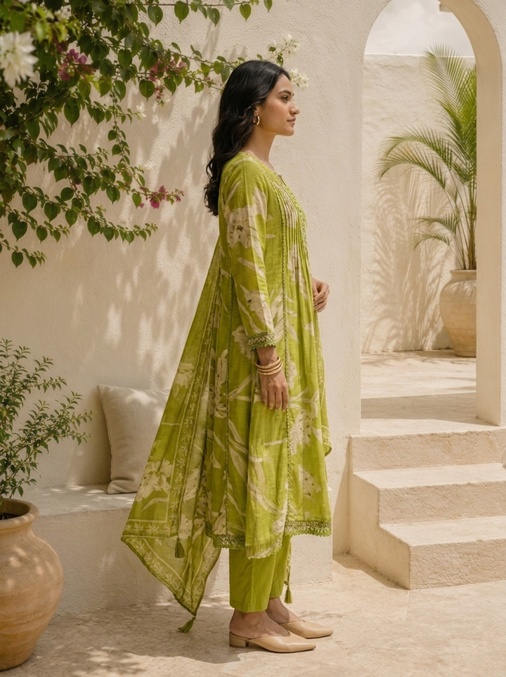 Green Muslin Leaf Printed Three Piece Set