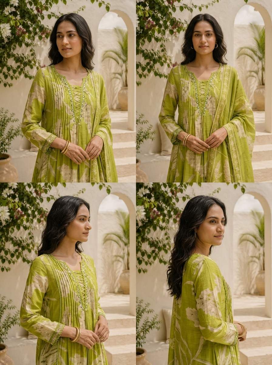 Green Muslin Leaf Printed Three Piece Set
