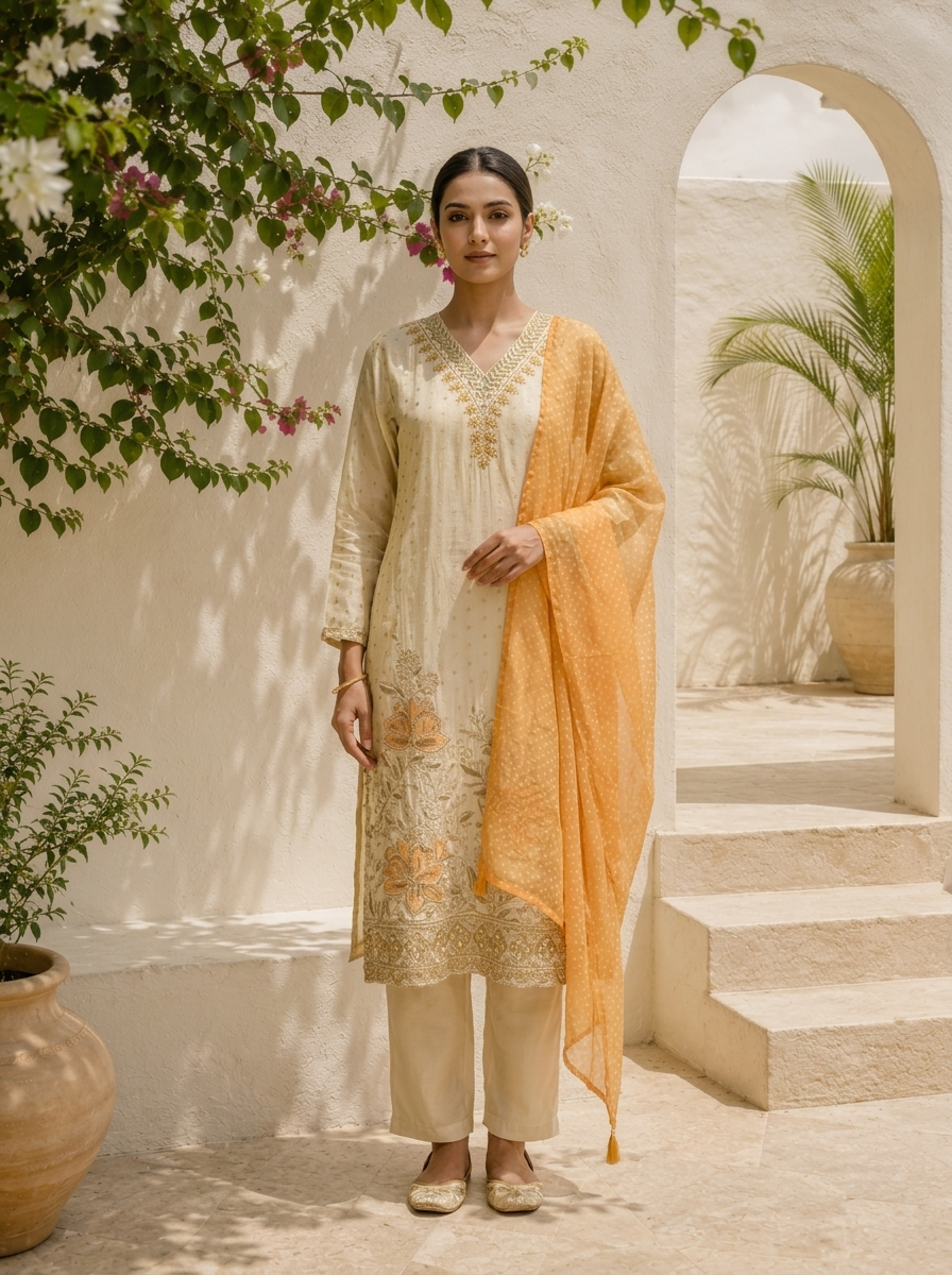Mustard Tissue Floral Embroidered Three Piece Set