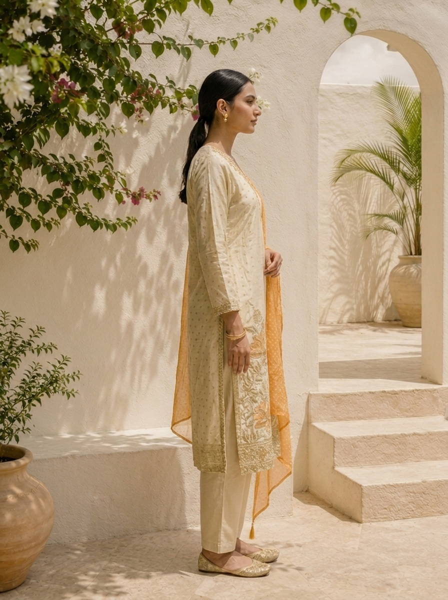 Mustard Tissue Floral Embroidered Three Piece Set