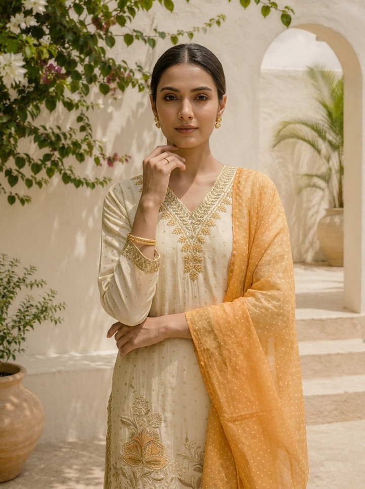Mustard Tissue Floral Embroidered Three Piece Set