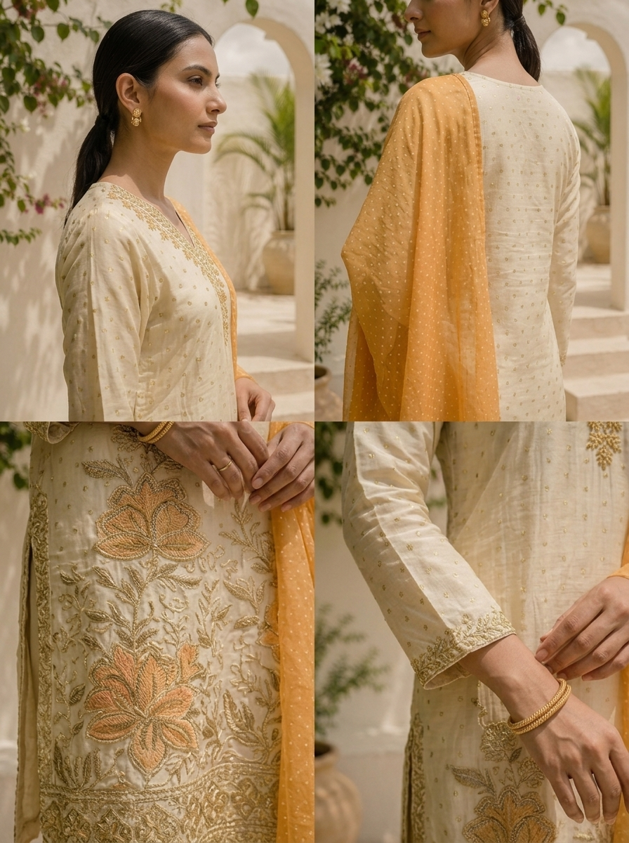 Mustard Tissue Floral Embroidered Three Piece Set