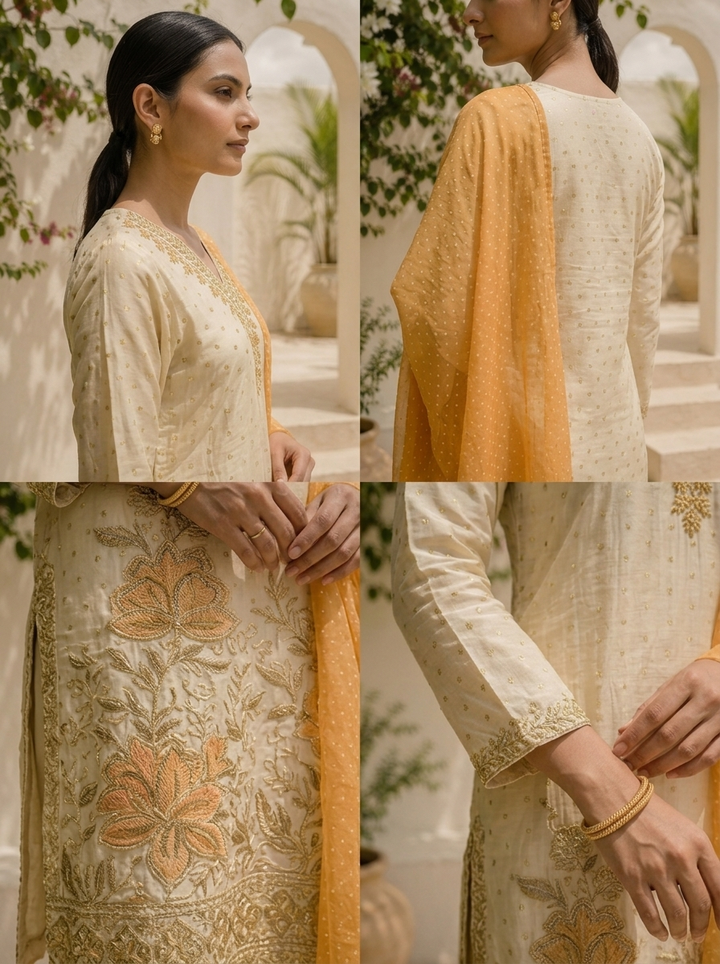 Mustard Tissue Floral Embroidered Three Piece Set
