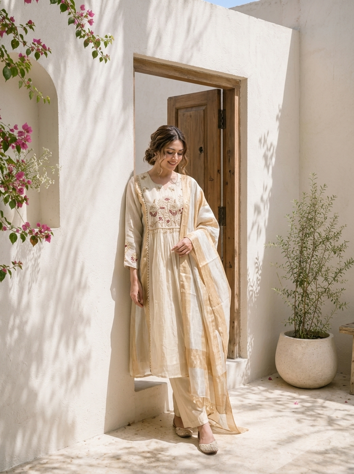 Beige Organza Zari Embroidered Three Piece Set