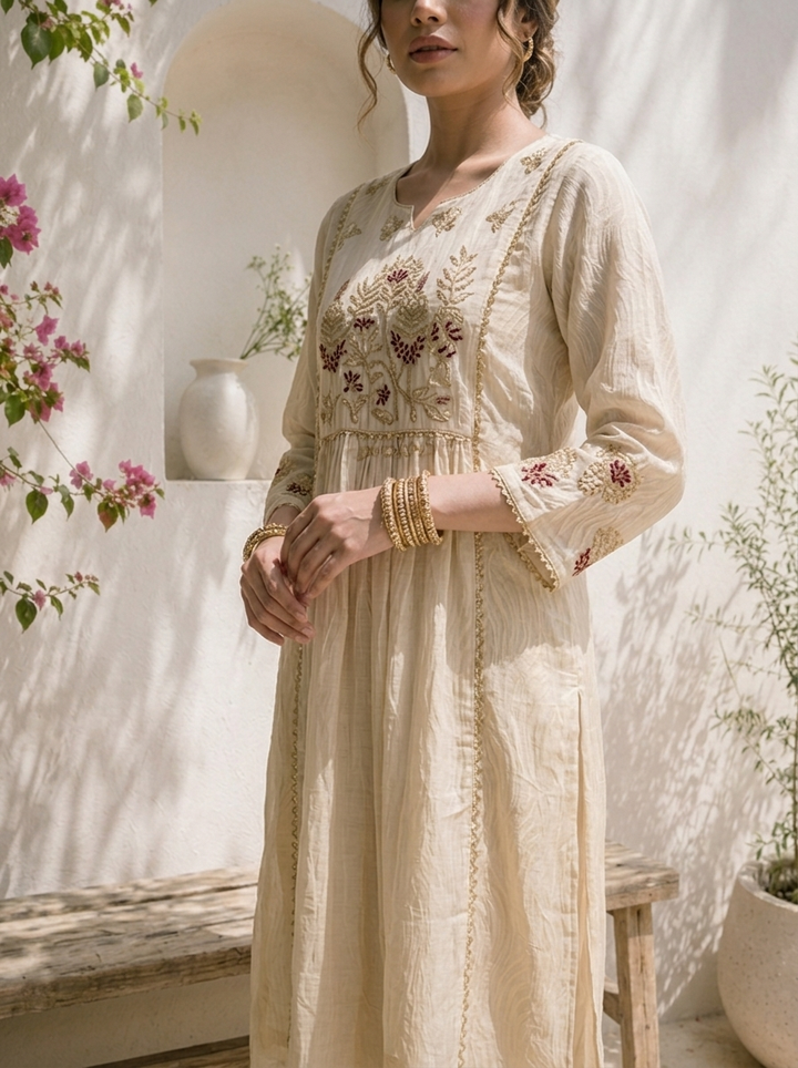 Beige Organza Zari Embroidered Three Piece Set