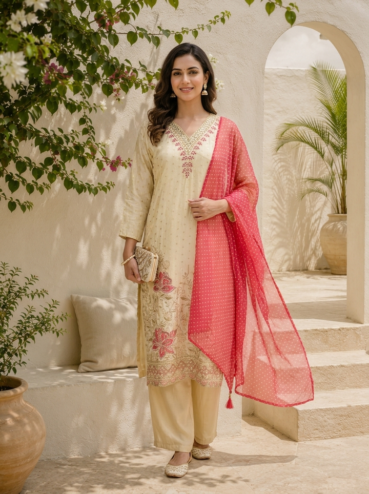 Rani Pink Tissue Floral Embroidered Three Piece Set