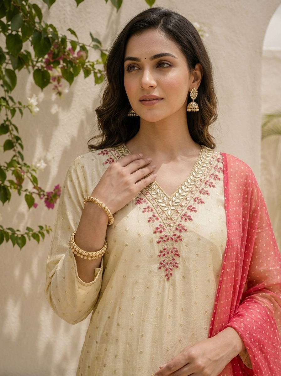 Rani Pink Tissue Floral Embroidered Three Piece Set