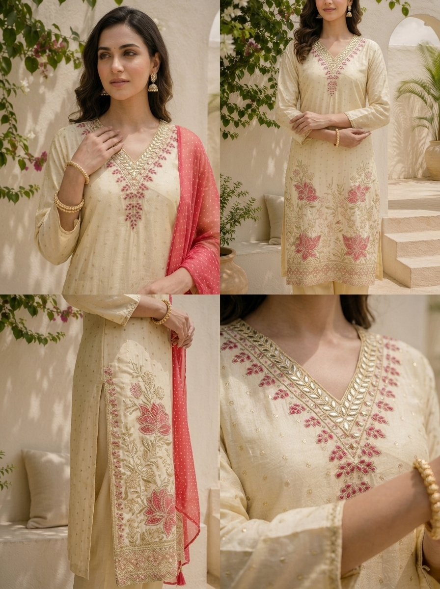 Rani Pink Tissue Floral Embroidered Three Piece Set