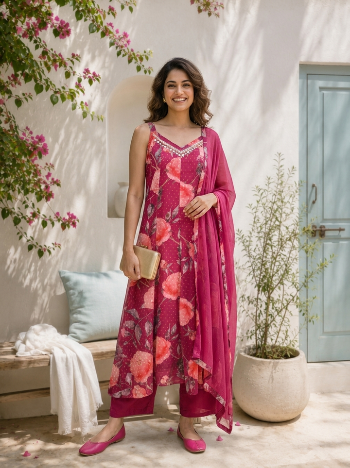 Wine Chinon Digital Floral Printed Three Piece Set