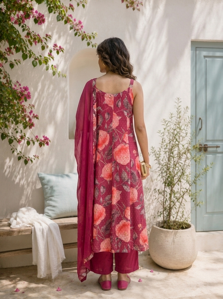 Wine Chinon Digital Floral Printed Three Piece Set