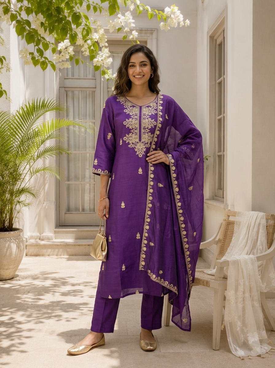 Purple Silk Zari Embroidered Three Piece Set